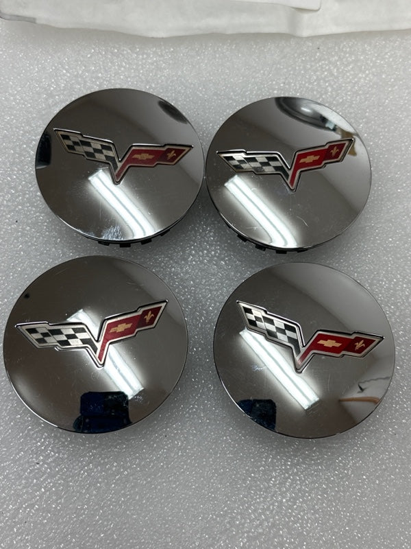 Set Of 4 Chevrolet Corvette Wheel Hub Center Cap GM Silver Flag Logo OEM